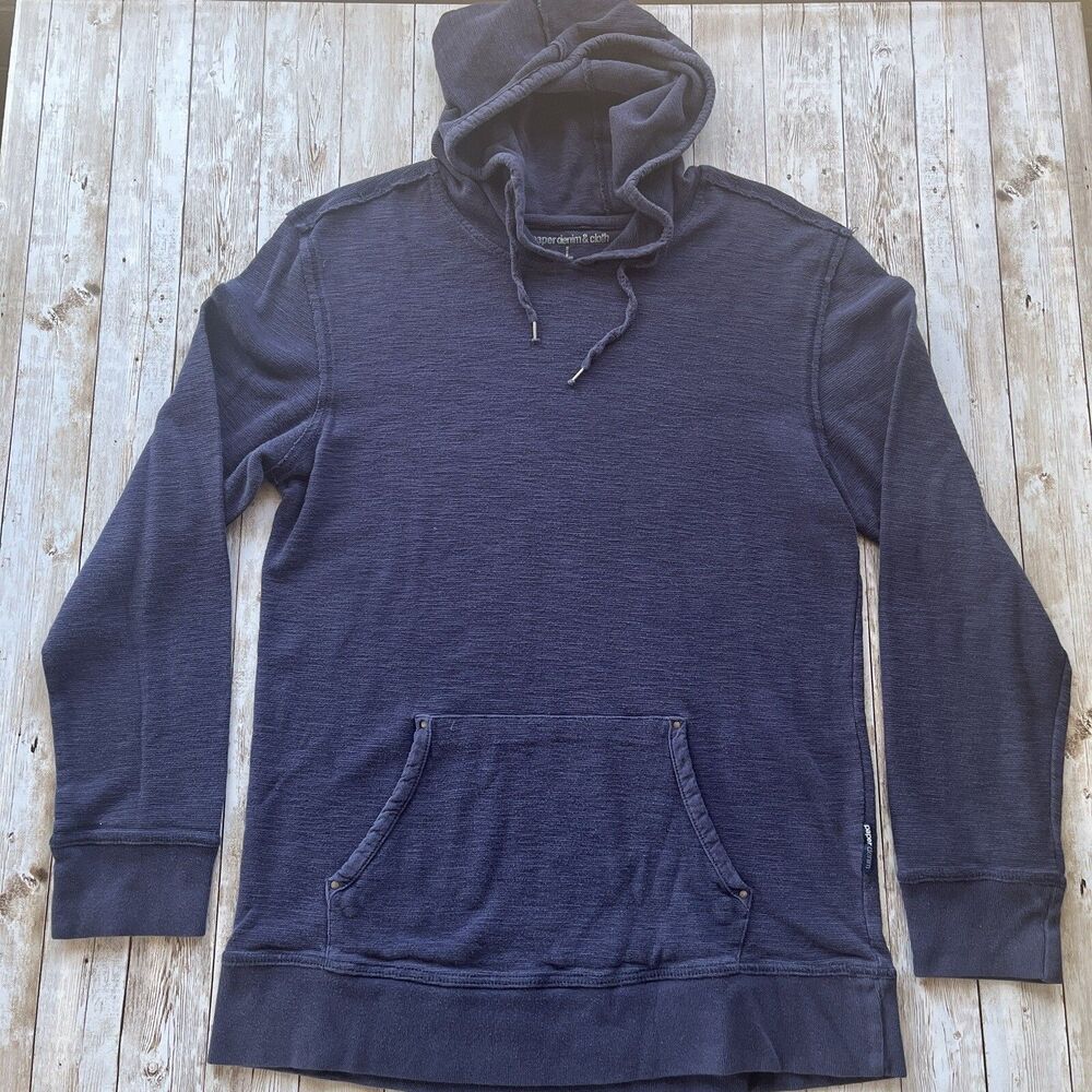 Mens Large Navy Waffle Knit Hoodie Pullover Lightweight Casual Minimalist Blue